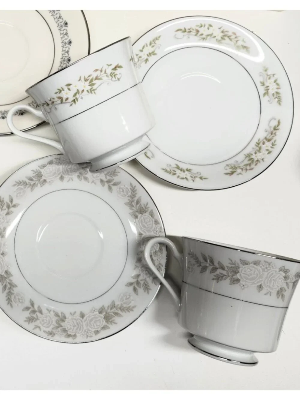 Mismatched China Tea Cups & Saucers Soft Floral Designs 4 Sets